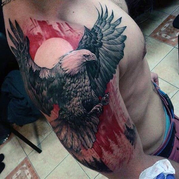 Guys Bald Eagle Red Ink Sun Half Sleeve Tattoos