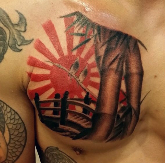 Guys Bamboo Rising Sun Bridge Tattoo On Upper Chest