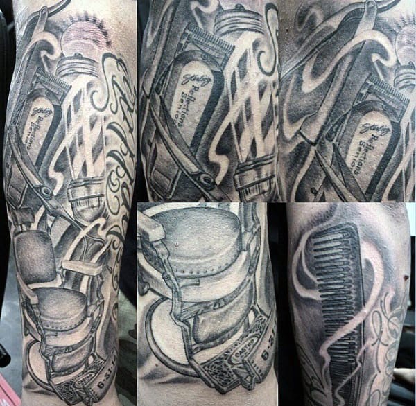 Guys Barbershop Themed Tattoos Sleeves