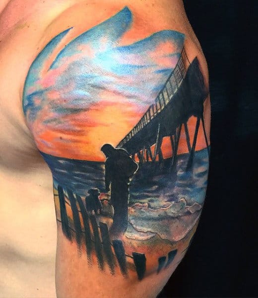 Guys Beach Tattoo Palm Trees Upper Arm