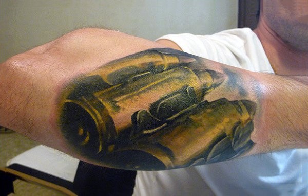 Guys Belt Bullet Proof Tattoo On Outer Forearm 3d Design