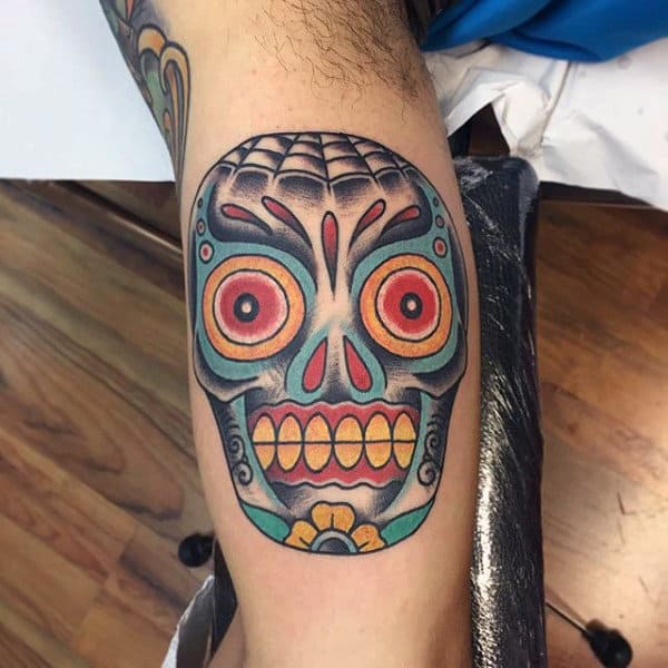 Guys Bicep Colorful Ink Sugar Skull Tattoo Designs