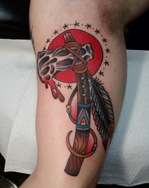Guys Bicep Tomahawk Traditional Native American Indian Tattoos