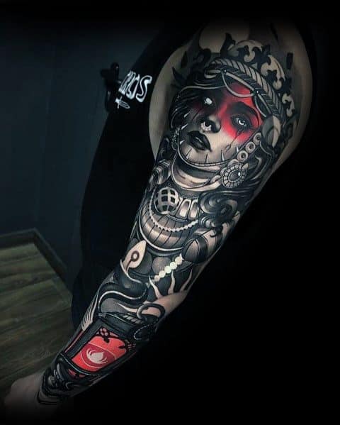 Black and grey full-sleeve tattoo featuring a crowned woman with red face paint, intricate armor, and a glowing red lantern for a bold design.