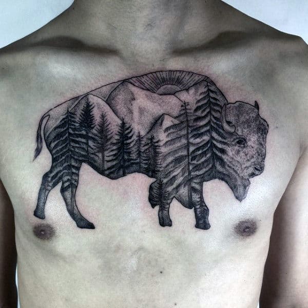 Guys Bison Pine Tree And Mountains Upper Chest Tattoo Ideas