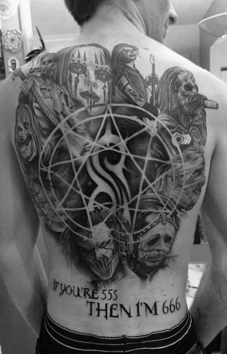 Guys Black And Grey Back Tattoos With Slipknot Design