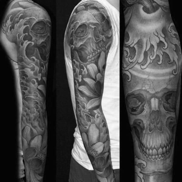 Guys Black And Grey Heavily Shaded Japanese Skull And Flower Sleeve Tattoo
