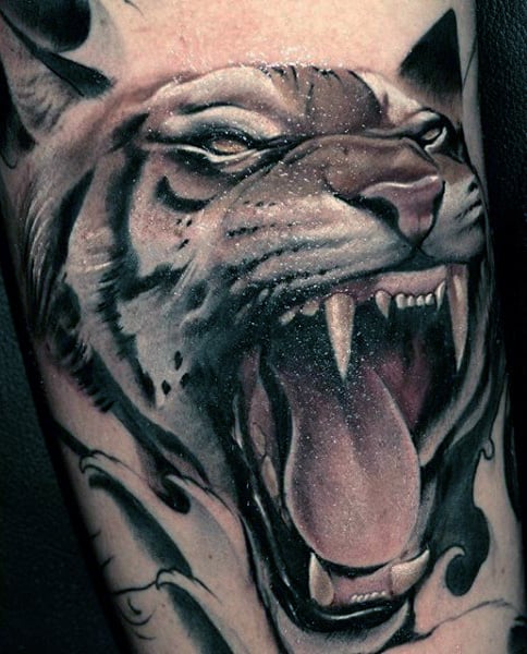 Guy's Black And Grey Tiger Tattoo