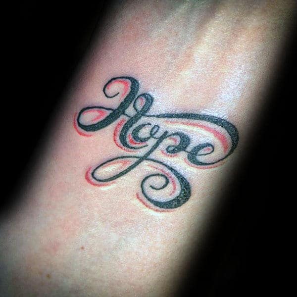 Guys Black And Red Ink Hope Inner Forearm Tattoos