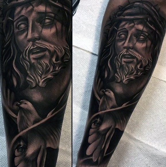 Guys Black And White Ink Shaded Jesus Christ Dove Tattoo On Forearm