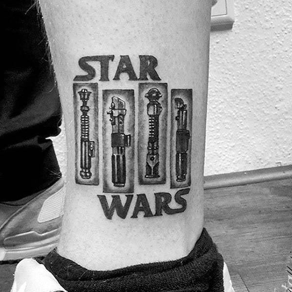 Star Wars-inspired tattoo featuring four vertical lightsabers styled like the Black Flag bars, with "Star" above and "Wars" below.