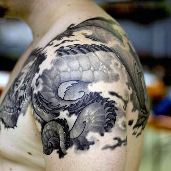 Guys Black Ink Dragon Shoulder Tattoo