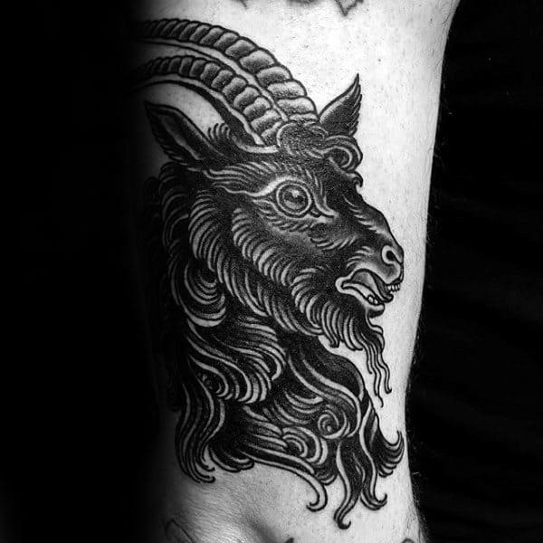 Guys Black Ink Goat Traditional Old School Arm Tattos