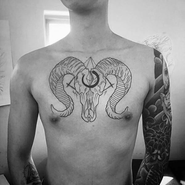 Guys Black Ink Outline Chest Goat Tattoo Inspiration