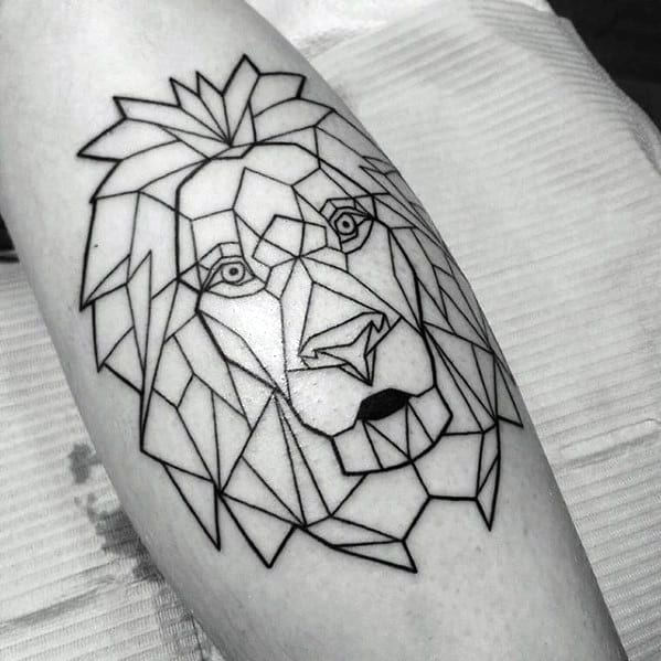 Guys Black Ink Outline Leg Geometric Lion Tattoo Design Idea Inspiration