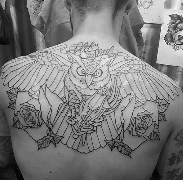 Guys Black Ink Outline Owl With Rose Flowers Tattoo On Back