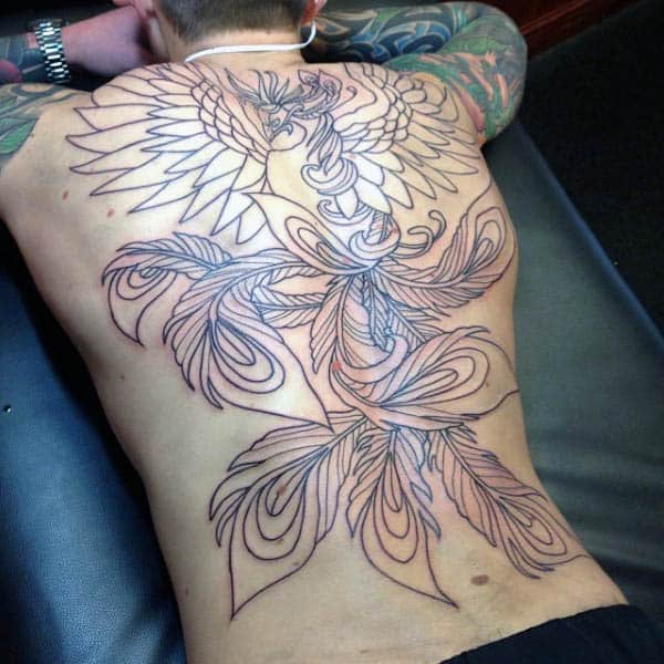 Guys Black Ink Outline Phoenix Feathers Full Back Tattoo