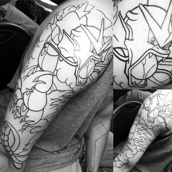 Guys Black Ink Outline Pokemon Full Arm Gyarados Tattoo