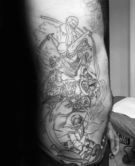 Guys Black Ink Outline Rib Cage Side One Piece Tattoo Deisgns