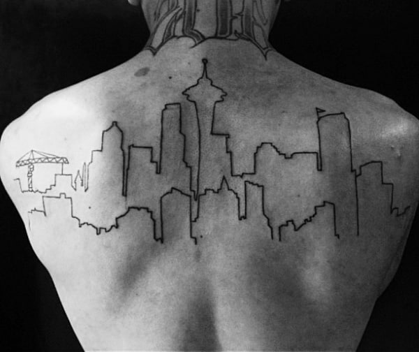 Guys Black Ink Outline Seattle Skyline Upper Back Tattoos