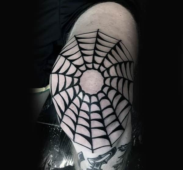 Guys Black Ink Spider Web Knee Tattoo On Male