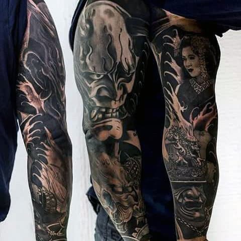 Guys Black Work Japanese Lady And Angry Samurai Mask Full Sleeve Tattoo