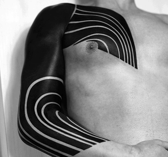 Guys Blackout Sleeve Tattoos With Negative Space Lines Design
