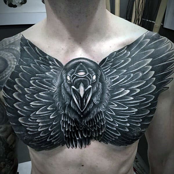 Guys Blackwork 3d Crow Chest Tattoo Designs