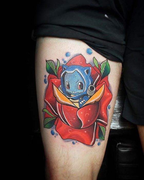 Creative tattoo of a cute Blastoise peeking out from a vibrant red rose, blending fierce and floral elements with playful charm.