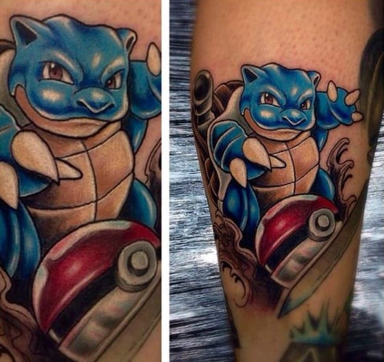 Bold Blastoise tattoo design with a Poké Ball and swirling water details, capturing a dynamic and intense battle-ready pose.