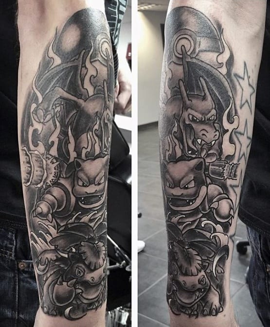 Black and grey forearm tattoo featuring Charizard, Blastoise, and Venusaur in a fierce trio composition with bold shading and flames.