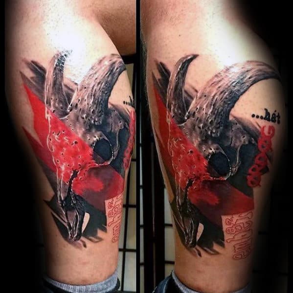 Guys Blcak And Red Abstract 3d Goat Skull Leg Tattoo Ideas