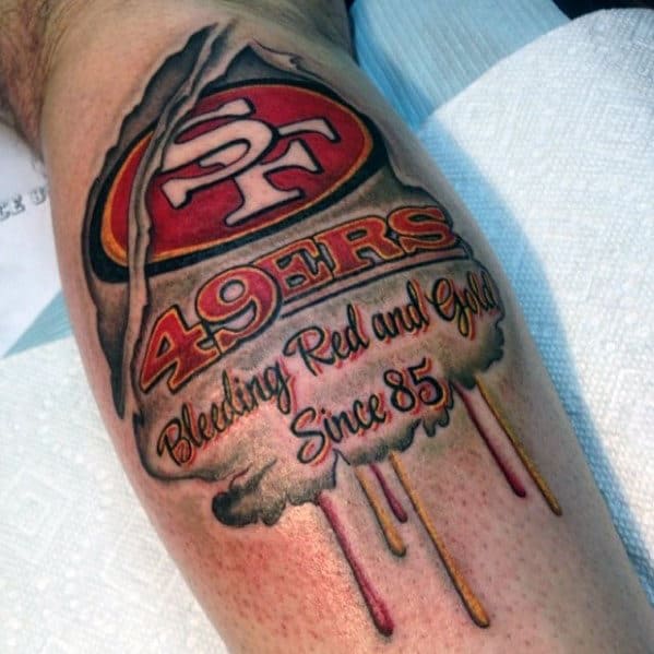 Guys Bleeding Red And Gold San Francisco 49ers Ripped Skin Leg Calf Tattoo