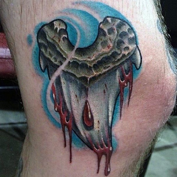 Guys Bloody Shark Tooth Tattoo Design On Leg