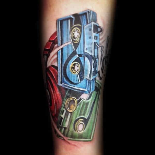 Guys Blue And Green Cassette Tapes Inner Forearm Tattoos