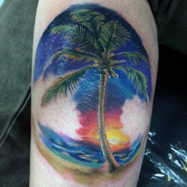 Guys Blue Waves Palm Tree Art Designs On Arms