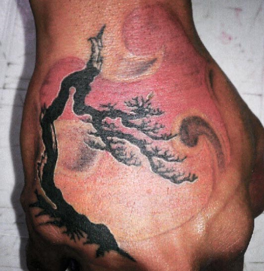 Guys Bonsai Tree Hand Tattoo With Black Ink