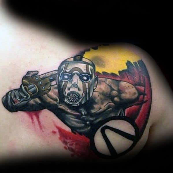 Dynamic tattoo of a Psycho Bandit from Borderlands making a finger gun gesture, with bold shading, red and yellow background, and Vault logo.