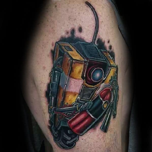 Realistic Claptrap tattoo with detailed shading, holding Deadpool-style katanas and grenades, set against a black splatter background.