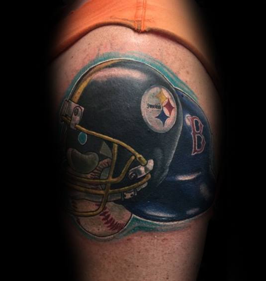 Guys Boston Red Sox Tattoo Deisgns Baseball Helmet On Arm