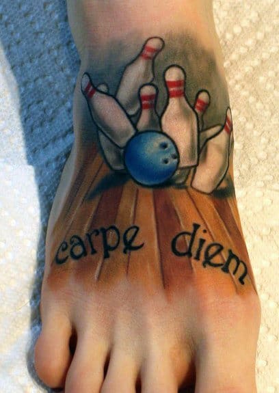 Guys Bowling Carpe Diem Foot Tattoo