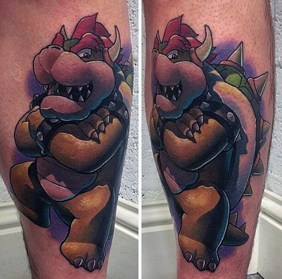 Bold Bowser tattoo on a man's leg with rich shading, dramatic lighting, and a powerful stance, creating a striking and dynamic design.