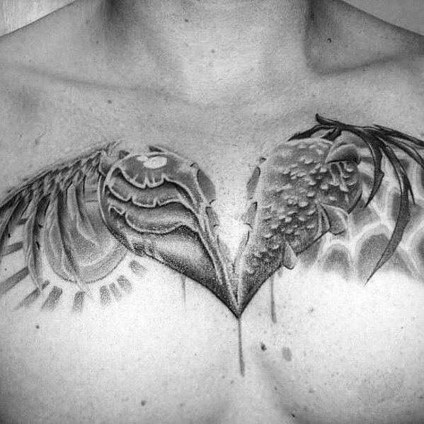 Guys Broken Heart Shaded Black And Grey Upper Chest Tattoo Design Ideas