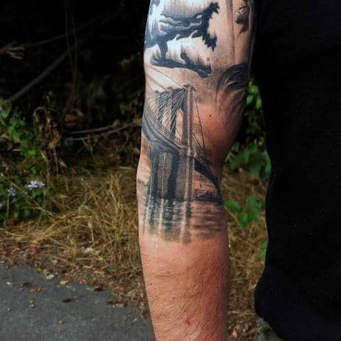 Guys Brooklyn Bridge Sleeve Tattoo Ideas