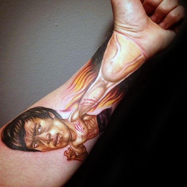 Guys Bruce Lee 3d Inner Forearm Tattoos