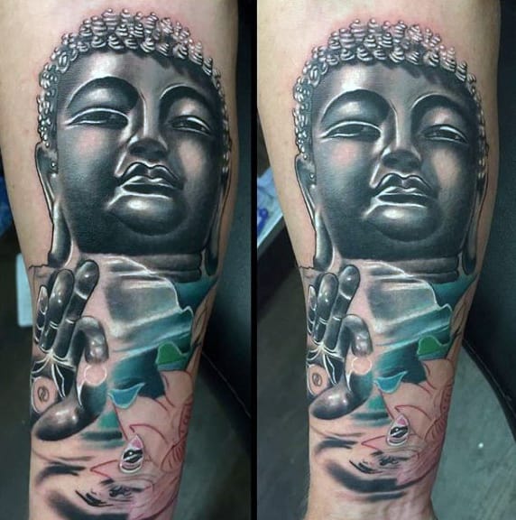 Guys Buddha With Drop Offering Tattoo On Legs