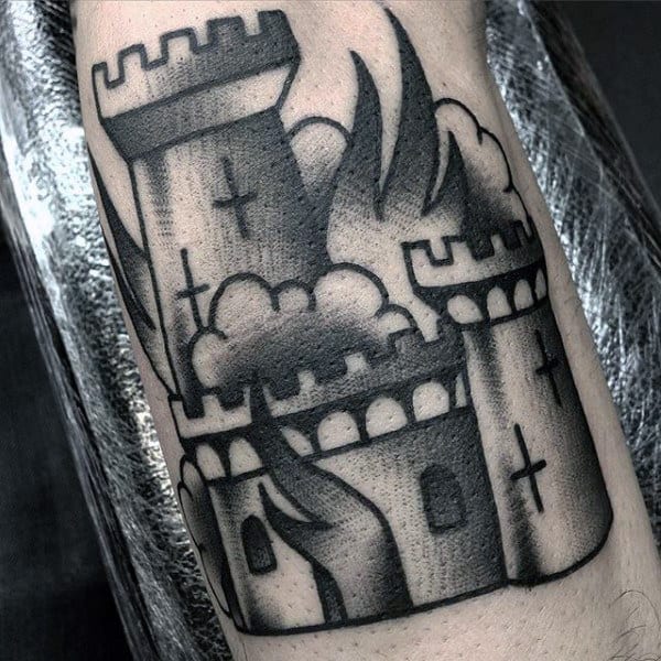 Guys Burning Castle Shaded Black Ink Tattoo