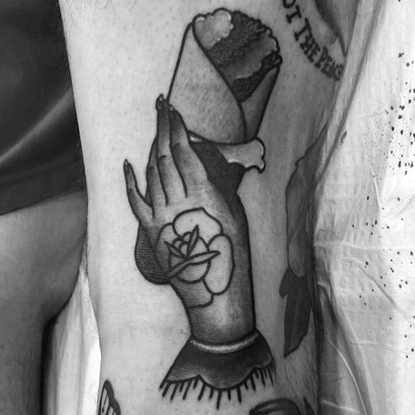 Guys Burrito With Hand Old School Traditional Leg Tattoo Design Ideas