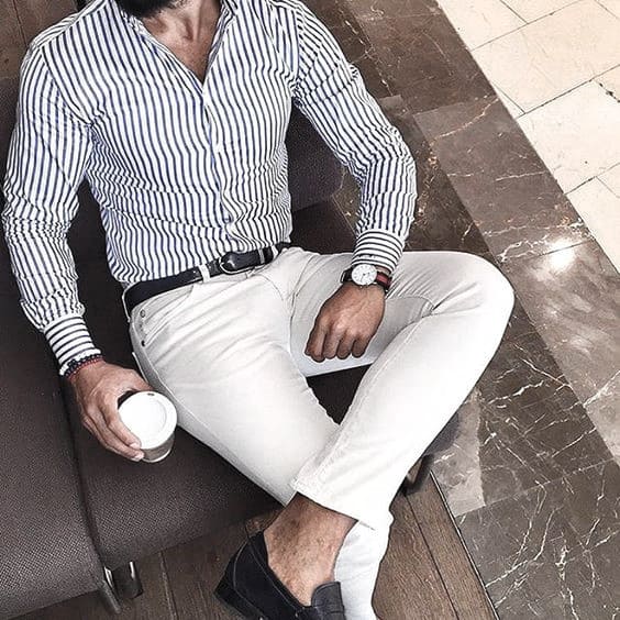 Guys Business Casual Outfits Style Designs Striped Blue Dress Shirt White Dress Pants