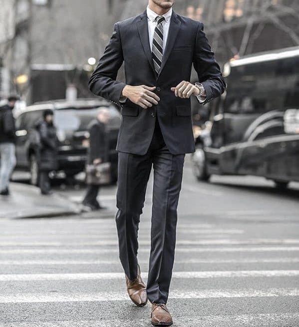 Guys Business Charcoal Grey Suit Brown Shoes Style